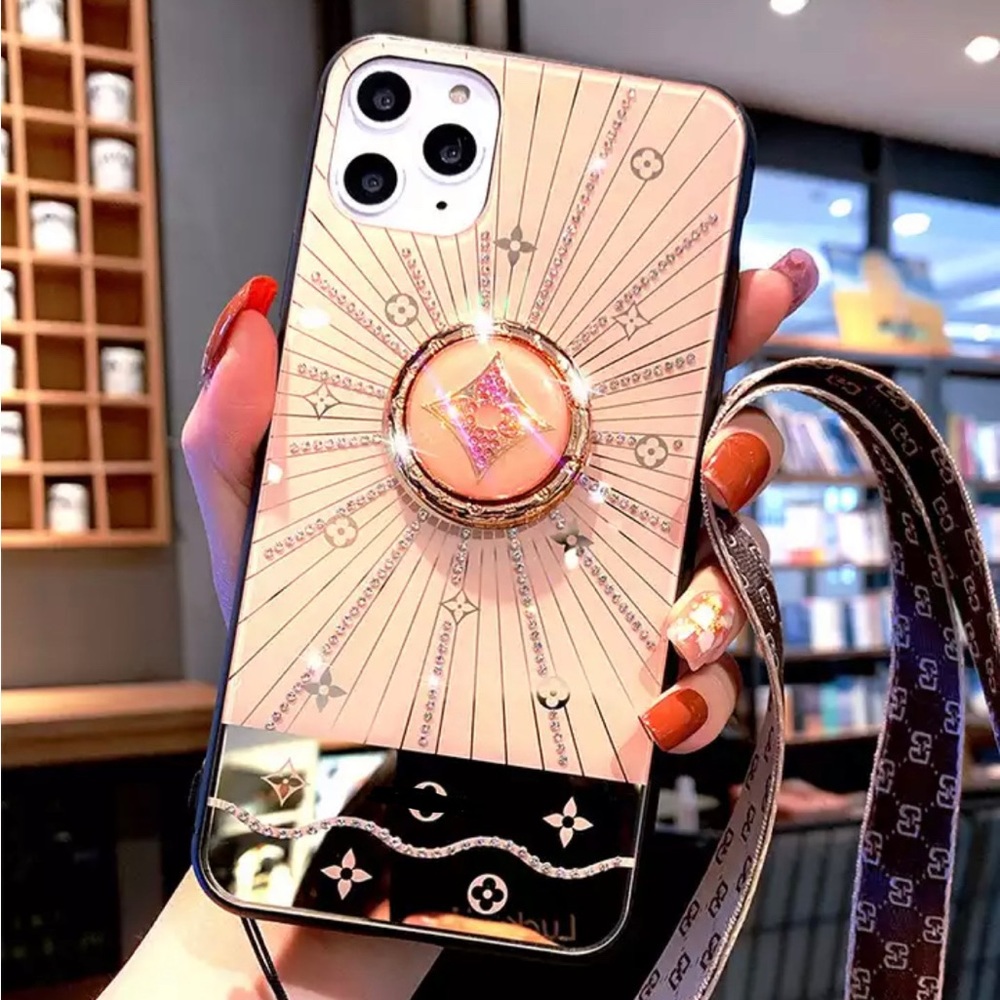 CUSTOM-MADE Full Bling PINK iPhone case w/ brown lanyard